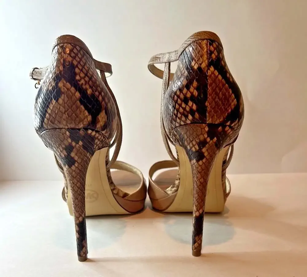 Michael Kors Platform Ankle Strap Sandals Snake Print Heels - Size 10